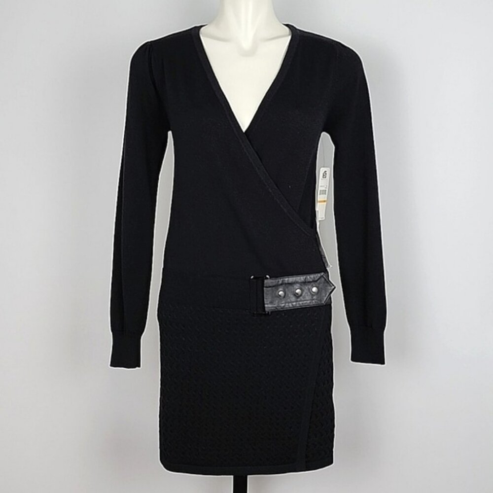 NWT Laundry by Design Women's Ling Sleeves Black Knit Faux Wrap Belted Dress S